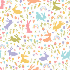 Cute hand drawn Easter seamless pattern with bunnies, flowers, easter eggs, beautiful background, great for Easter Cards, banner, textiles, wallpapers - vector design