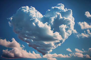 Naklejka premium Valentine's Day blue sky with large Heart shaped cloud. Generative AI.