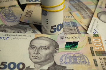 Ukrainian hryvnia, new 500 hryvnia banknotes.
hryvnia devaluation.
Close-up. Financial...
