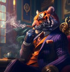  boss tiger sitting and smoking