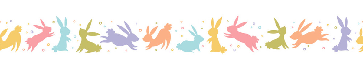 Cute hand drawn Easter horizontal seamless pattern with bunnies, flowers, easter eggs, beautiful background, great for Easter Cards, banner, textiles, wallpapers - vector design
