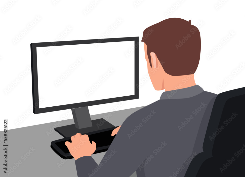 Wall mural Young man working on a computer. View from his back with blank screen. Flat vector illustration isolated on white background