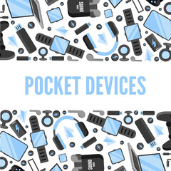 horizontal baner on the topic of digital gadgets, modern electronics items.vector flat cartoon graphics