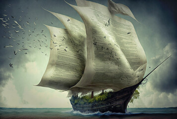 ship in the sea with the sails made of book pages
