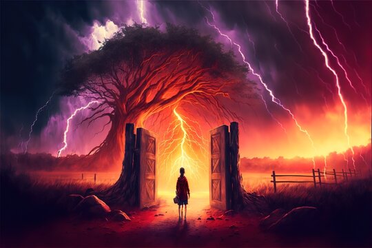 A girl walks into a passage with doors in the middle of a storm
