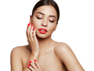 Beautiful Young Woman with clean fresh skin. Girl beauty face care. Facial treatment. Cosmetology, beauty and spa. Red nails manicure