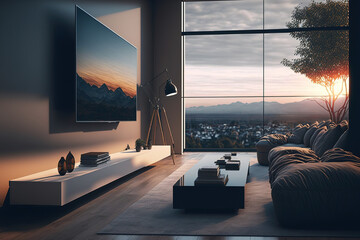 A contemporary living area with huge windows that provide a panoramic view, a comfy sofa, a chic coffee table, and a TV mounted on a pedestal against the wall across from it. Generative AI