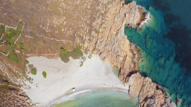 4k drone flying over footage (Ultra High Definition) of Exo Kapi beach. Colorful outdoor scene of Peloponnese peninsula, Greece, Europe. Amazing  Mediterranean seascape.