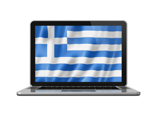 Greek flag on laptop screen isolated on white. 3D illustration