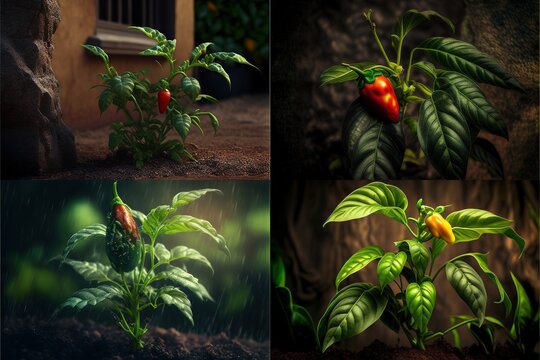 a series of photos of a plant with peppers growing on it and a plant with peppers growing on it, and a plant with peppers growing on top, and bottom, and bottom, and bottom.