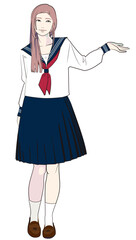 説明をするセーラー服の女学生（ロングヘア）