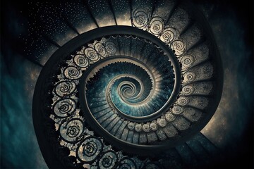 a spiral staircase in a building with a sky background and stars on the ceiling and the spirals are made of metal and are blue and white with a spirally spirally spirally.