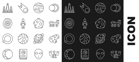 Set line Solar system, Asteroid, Mars rover, Planet, Astronaut, Black hole, Rocket launch from the spaceport and UFO abducts cow icon. Vector