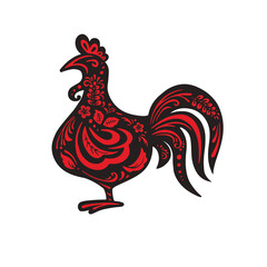 Black kura rooster with flower painting ethno red color, vector illustration © irina