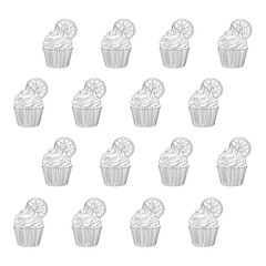 Pattern of cakes. Vector illustration in outline style.