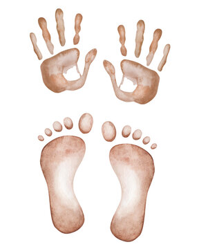 Watercolor illustration. Hand painted brown handprint and footprint of people. Man, woman, child prints. Palm with fingers, foot woth toes. Isolated clip art for posters, banners