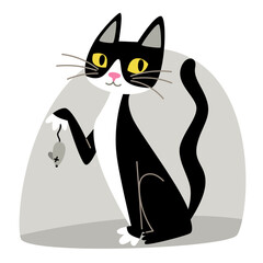 Black and white cat caught a mouse, flat style illustration