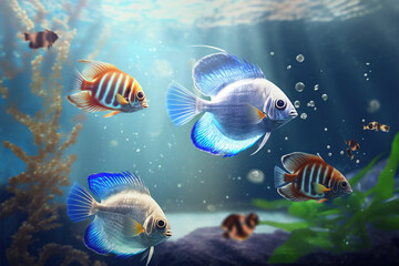 Fototapeta na wymiar Beautiful colourful freshwater fish in aquarium, Generative AI