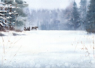 Watercolor illustration for postcards and print. Sleigh ride along the edge of the forest. Winter forest.
