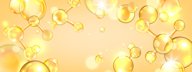 Gold collagen background, oil lab 3D peptide molecule background, jojoba cosmetic science banner. Yellow liquid bubble, vector skin care vitamin medical poster. Gold collagen beauty chemistry backdrop - obrazy, fototapety, plakaty