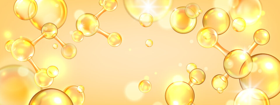Gold collagen background, oil lab 3D peptide molecule background, jojoba cosmetic science banner. Yellow liquid bubble, vector skin care vitamin medical poster. Gold collagen beauty chemistry backdrop