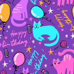 Seamless pattern with cats and happy birthday. Background for textile, fabric, wrapping paper, stationery and other design.