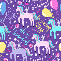 Seamless pattern with unicorns and happy birthday. Background for textile, fabric, wrapping paper, stationery and other design. © Annity_Art