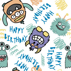 Seamless pattern with monster and happy birthday. Background for textile, fabric, wrapping paper, stationery and other design.
