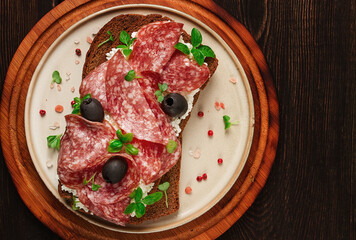 Sandwich , grain bread, with cream cheese and salami, black olives, micro-greens, top view, close-up, no people, Breakfast,