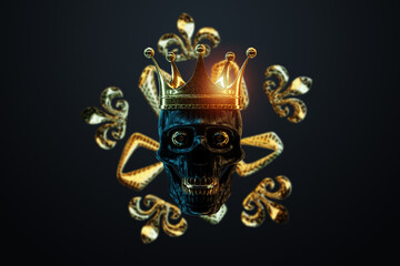 A human skull with a crown on its head, a dead king. Modern design, magazine style, creative image, trendy template, black and gold luxury style. 3D render, 3D illustration.