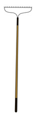 Rake gardening equipment Illustration. Metal rake with wooden handle isolated.