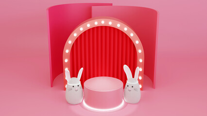 Rabbit and 3D rendering cute rabbit cartoon character with podium, Happy Chinese New Year