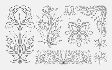 Floral iris set in art nouveau 1920-1930. Hand drawn in a linear style with weaves of lines, leaves and flowers.