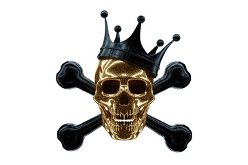 Human skull and crossbones, jolly roger, pirates, danger sign. Modern design, magazine style, creative image, trendy template, black and gold luxury style. 3D render, 3D illustration.