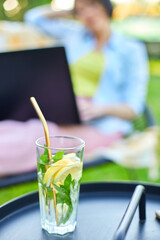 Summer citrus lemonade with reusable metal straws, Woman using typing