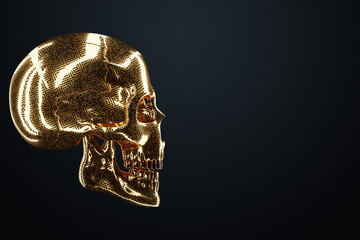 Golden human skull on a dark background. Modern design, magazine style, creative image, trendy template, black and gold luxury style. 3D render, 3D illustration.