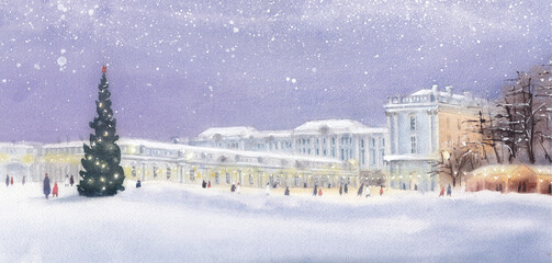 Watercolor illustration for postcards and print. Tsarskoye Selo in winter. Christmas tree.