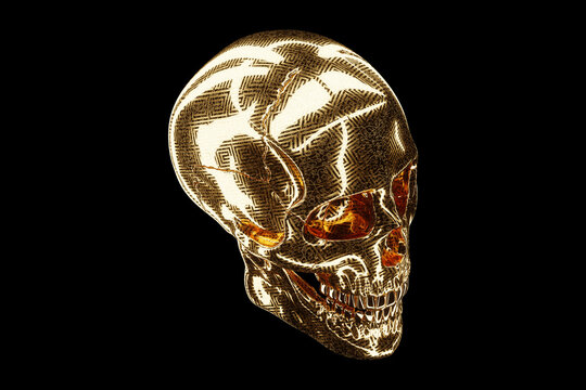 Golden human skull on a dark background. Modern design, magazine style, creative image, trendy template, black and gold luxury style. 3D render, 3D illustration.