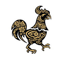 Rooster, chicken in the style of Khokhloma painting, black and gold and vector illustration