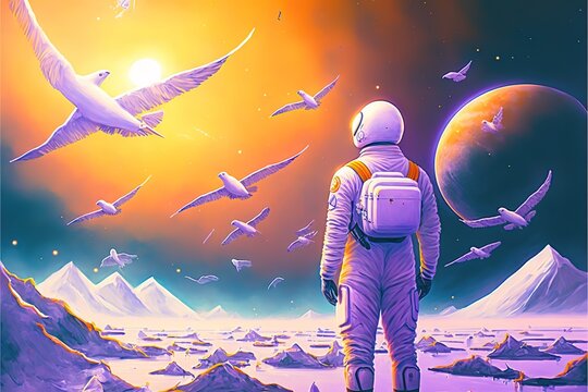 An astronaut stands among a flock of birds