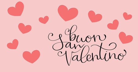 Buon San Valentino translation from italian Happy Valentine day. Handwritten calligraphy lettering illustration. Vector background with paper cut hearts.