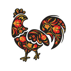 Black and red Khokhloma rooster painting, boho chicken, vintage, vector illustration