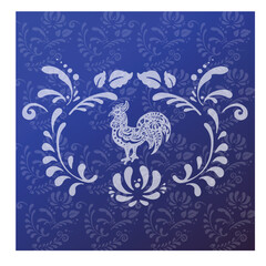 Greeting card with rooster, chicken in gzhel style and vector illustration