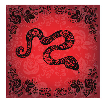 Black ethnic boho snake on red banner background illustration