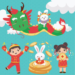 Flat Chinese New Year 2023. Happy Lunar year. Year of water rabbit. New Year greeting card. Vector backgrounds.