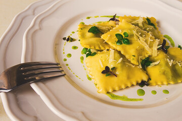 Ravioli with spinach and cheese, green sauce, on a light background, selective focus, no people,