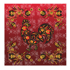Banner rooster, kura symbol in the style of Khokhloma painting, ethno, vector illustration © irina