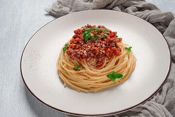 Spaghetti Bolognese, top view, close-up, no people, homemade,