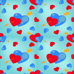 Red and blue hearts with arrows on a light blue background. Seamless pattern, print for Valentine's Day. Vector illustration