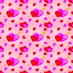 Red and pink hearts with arrows on a light pink background. Seamless pattern, print for Valentine's Day. Vector illustration